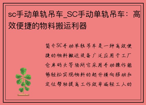 sc手动单轨吊车_SC手动单轨吊车：高效便捷的物料搬运利器