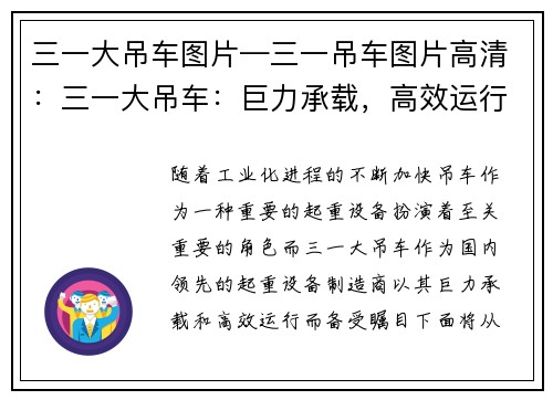 三一大吊车图片—三一吊车图片高清：三一大吊车：巨力承载，高效运行