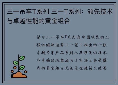 三一吊车T系列 三一T系列：领先技术与卓越性能的黄金组合