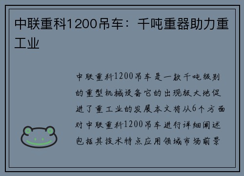 中联重科1200吊车：千吨重器助力重工业
