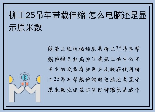 柳工25吊车带载伸缩 怎么电脑还是显示原米数