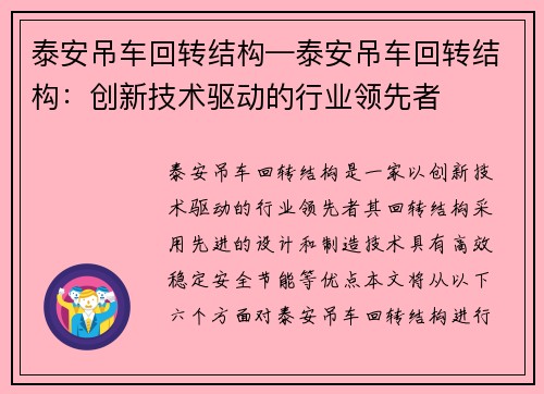 泰安吊车回转结构—泰安吊车回转结构：创新技术驱动的行业领先者